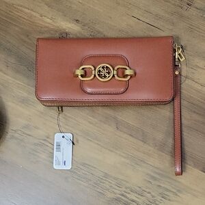 Guess Tan Leather Wristlet with Gold Accents